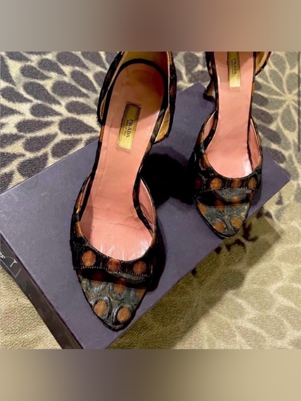 Prada Black and Brown Polka Dot Slingback Heels size 37.5